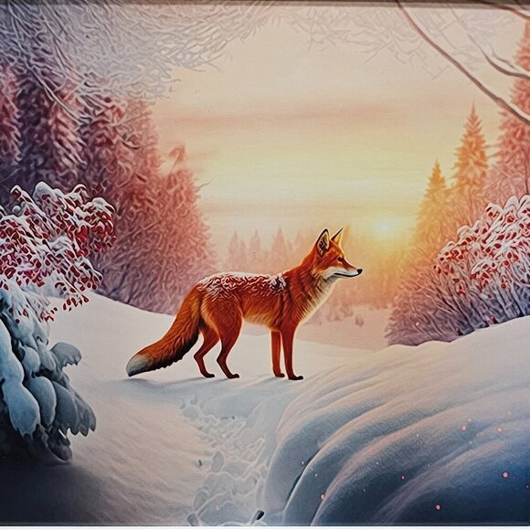 8x8 Framed Fox Winter Landscape Trees Watercolor Oil Painting Print - Picture 5 of 6